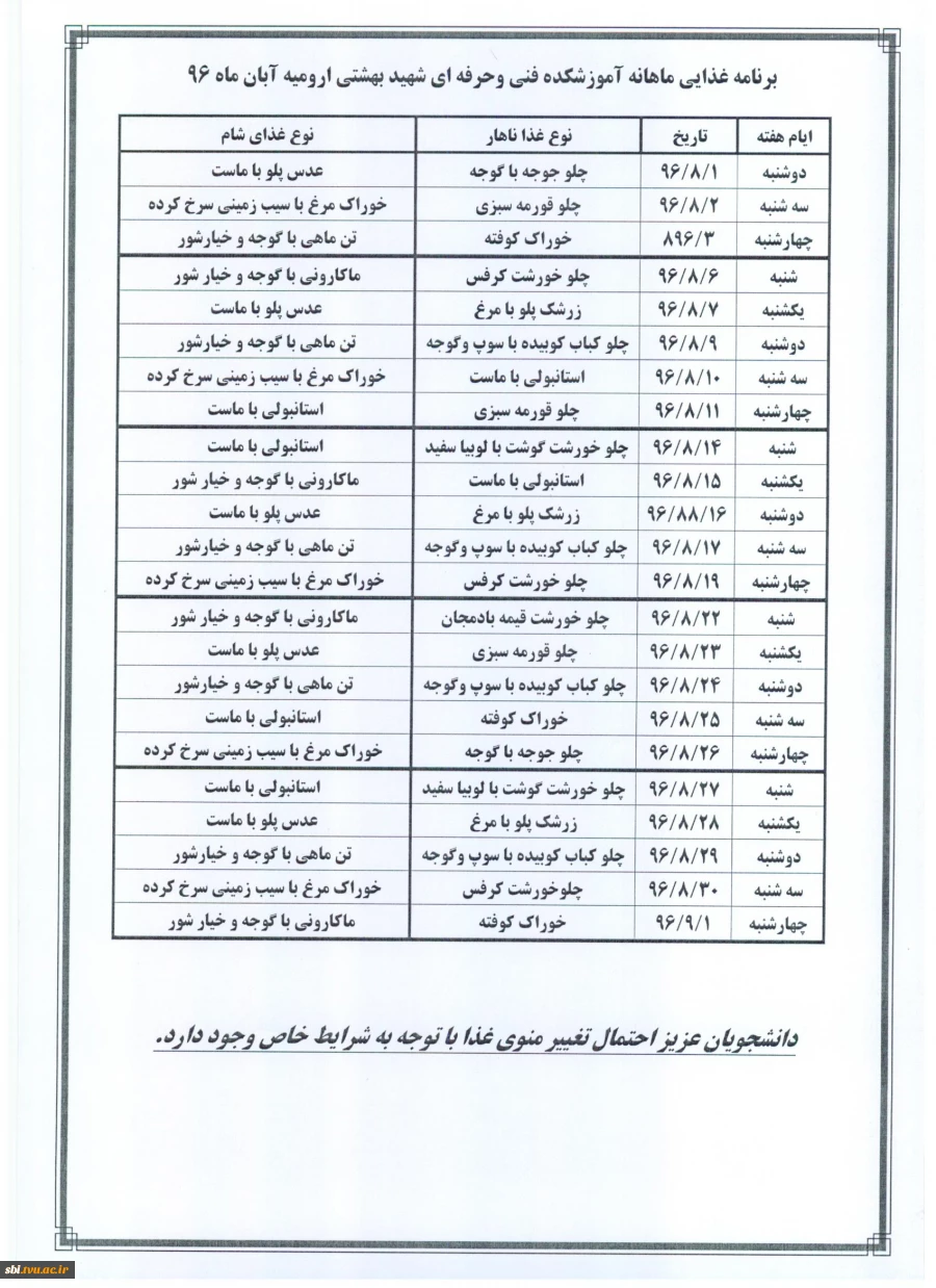 برنامه غذایی آبان 96